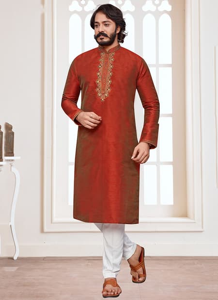 Red Colour Exclusive Festive Wear Art Silk Embroidery Work Kurta Pajama Mens Collection 38008